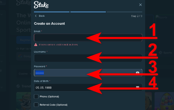 Stake Chicken Road Registration Step3